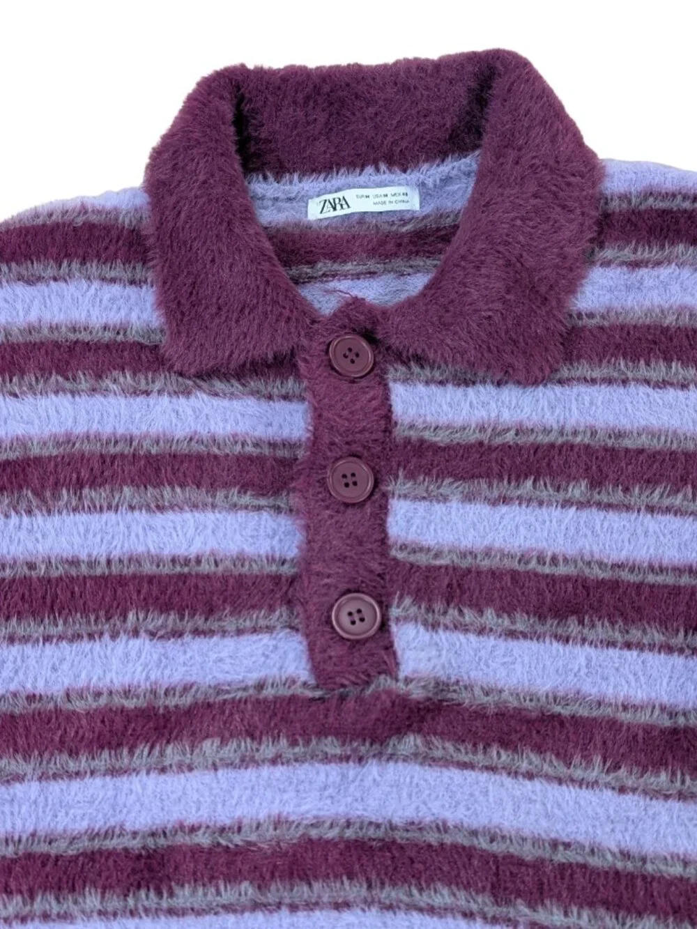 ZARA Mens Purple Striped Fuzzy Knit Polo Sweater Medium